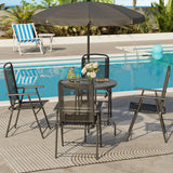 PUKAMI 6 Piece Folding Patio Dining Set with Umbrella, Outdoor Table and Chair with 4 Dining Chairs and Round Glass Table for Garden, Backyard and Deck, Black PUKAMI