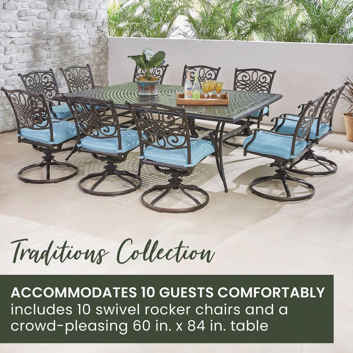 Hanover Traditions 11-Piece Modern Outdoor Dining Set with Rust Resistant Cast Aluminum Rectangular Large Dining Table and 10 Swivel Rocker Chairs with Plush Weather Resistant Blue Cushions Hanover