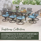 Hanover Traditions 11-Piece Modern Outdoor Dining Set with Rust Resistant Cast Aluminum Rectangular Large Dining Table and 10 Swivel Rocker Chairs with Plush Weather Resistant Blue Cushions Hanover