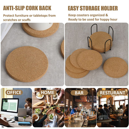 8 Pcs Drink Coasters with Holder, Thicker Cork Coasters for Drinks Absorbent for Coffee Table Wooden Coaster Set Tabletop Protection Cup Mat Bar Kitchen Living Room House Home Decor Housewarm - WoodArtSupply