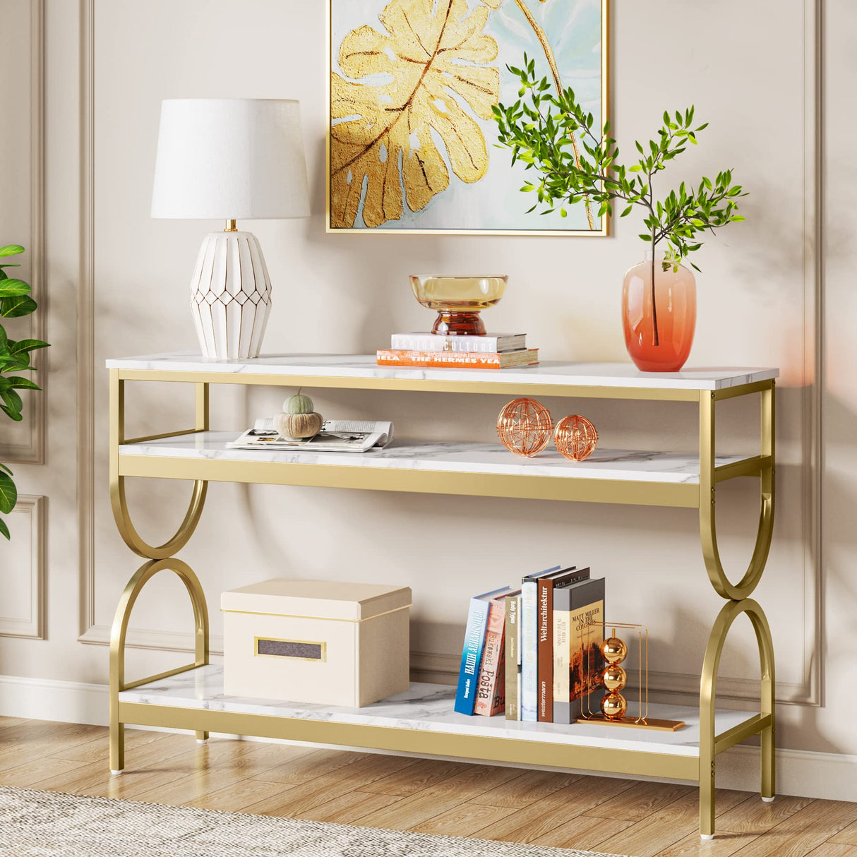Tribesigns 3-Tier Console Table, 55 inch Sofa Table with Open Storage Shelves, Narrow Long Hallway/Entryway Table with Faux Marble Top for Home Living Room Entryway, White & Gold Tribesigns