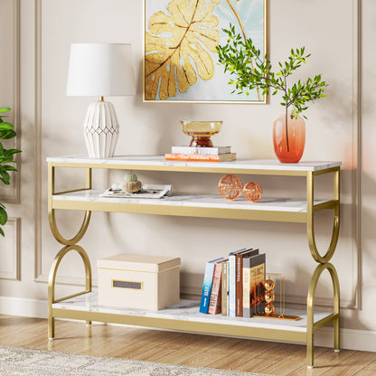 Tribesigns 3-Tier Console Table, 55 inch Sofa Table with Open Storage Shelves, Narrow Long Hallway/Entryway Table with Faux Marble Top for Home Living Room Entryway, White & Gold - WoodArtSupply