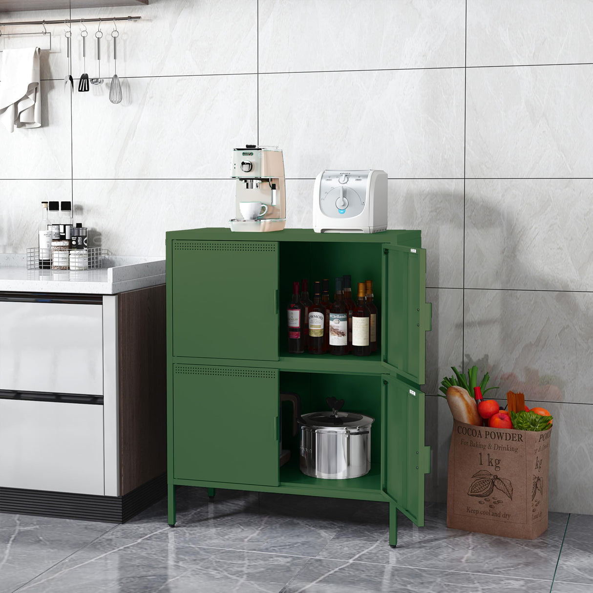 Bevivog Green Metal Locker Cabinet with 4 Doors, Metal Accent Cabinets Home Office Storage Lockers Sideboard for Kitchen Living Room Hallway Entryway Bevivog