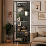 Saudism Glass Display Shelf for Collectibles, LED Black Shelf, Curio Cabinet, Lighted Tall Narrow Shelf with Pegboard Steel Frame for Gaming Room, Floor Lamp with Shelf, Living Room, Bedroom, Large Saudism