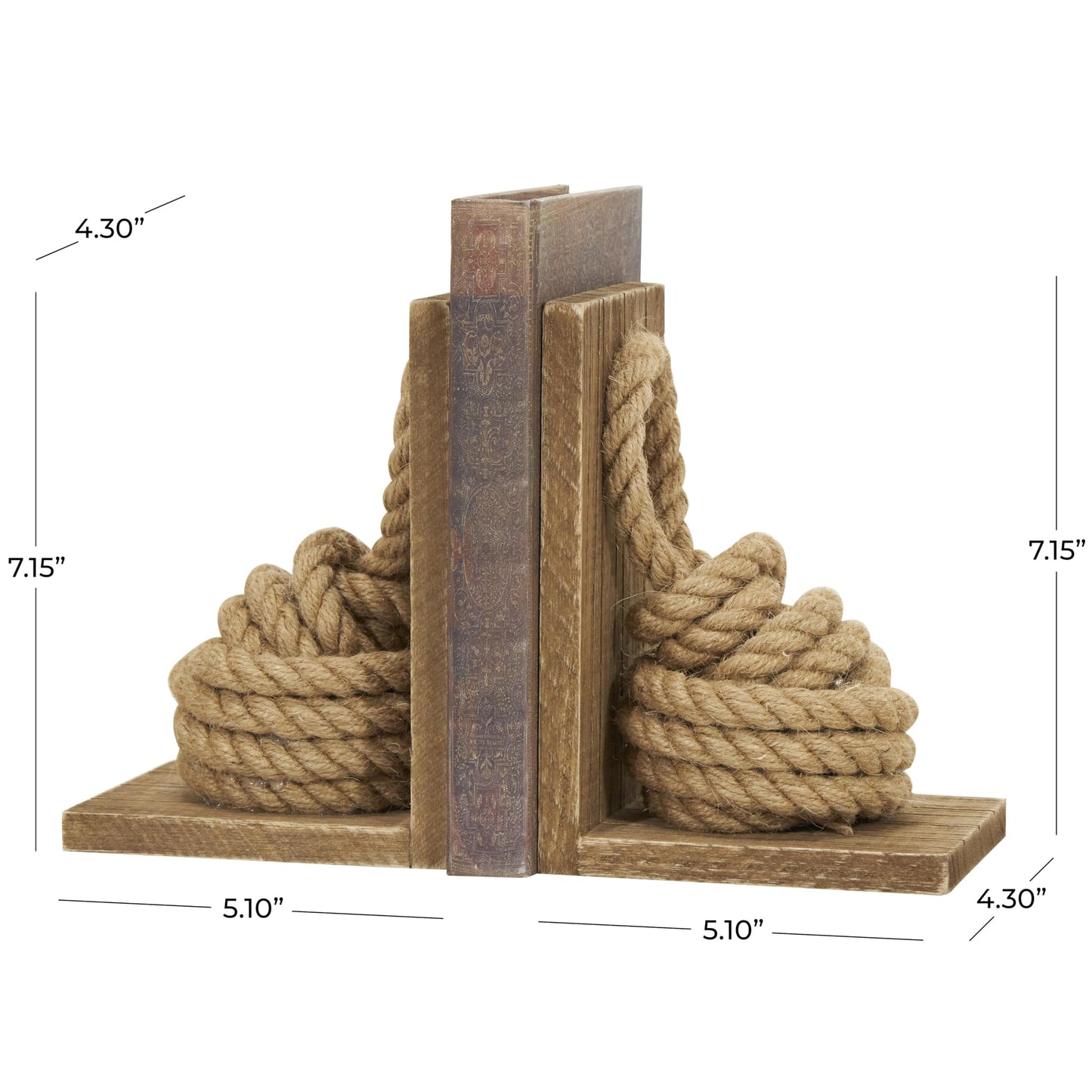 Deco 79 Wood Knot Decorative Bookends Rope Non Skid Bookends with Distressed L-Shaped Stands, Set of 2 Office Bookends5 W, 7" H, Brown