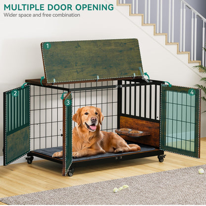 YITAHOME Dog Crate Furniture with Feeder Bowls, 43.3" Dog Kennel End Table with Wheels and Flip Top, Heavy Duty Dog Kennel for Small/Medium Dogs, Brown