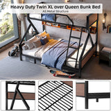 Tassullo Bunk Bed Twin XL Over Queen, Heavy Duty Metal Frame Loft Bed with Storage Shelf & LED Lights, Safety Guardrail and Angle Padded Ladder for Kids, Adults, Space Saving, Noise Free Tassullo