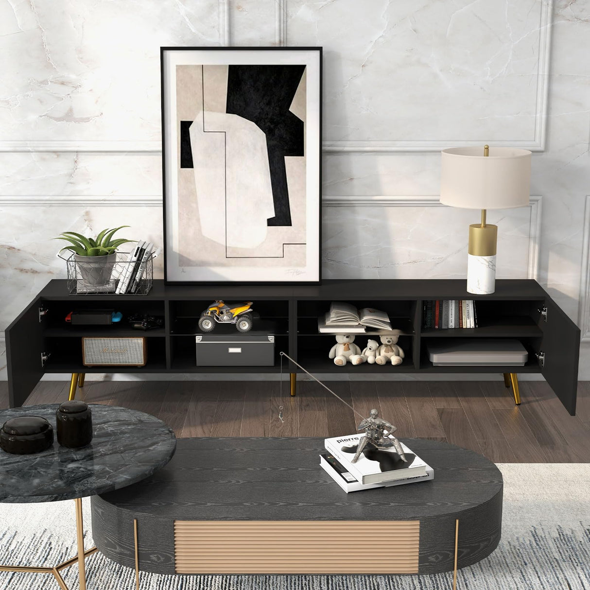 Bonzy Home 86" TV Stand, Modern Entertainment Center for 75" TV, Television Console Table with Storage Cabinets for Living Room, Black Bonzy Home