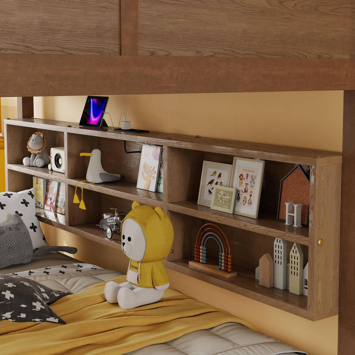 Ball & Cast Queen Over Queen Bunk Bed with Built-in Storage Cabinets and Guardrails,Wood Bunbed w/Charging Station & Ladder,Full-Length Guard Rail,Slat Support,Bedroom Furniture for Student,Wheat Ball & Cast