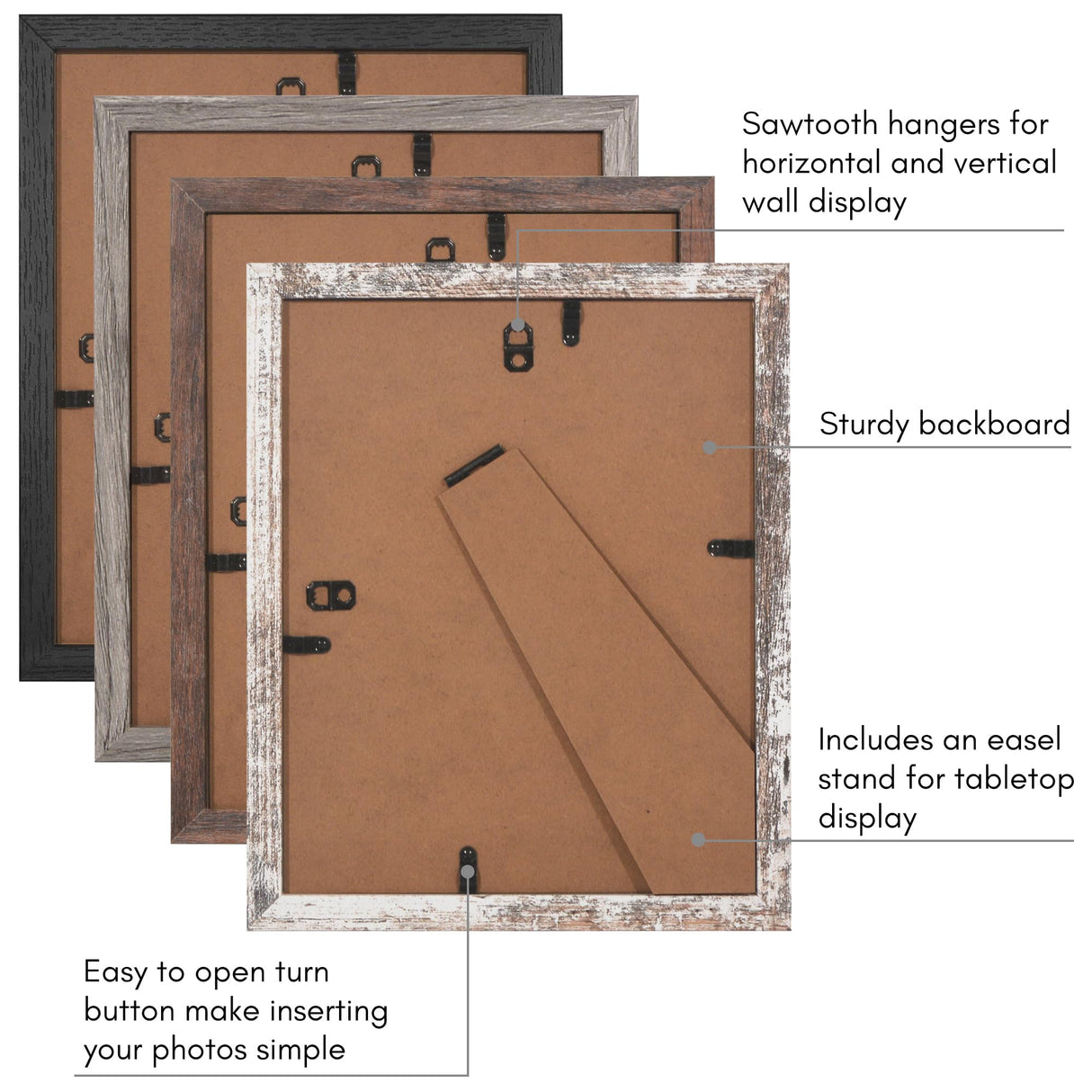 Americanflat Rustic 8x10 Picture Frame Set of 4 - Use as 5x7 Picture Frame with Mat or 8x10 Frame Without Mat - Photo Frame with Textured Engineered Wood, Shatter Resistant Glass, and Easel Americanflat