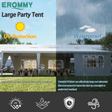 EROMMY 10x30FT Outdoor Party Tent, White Waterproof Event Canopy with 6 Removable Sidewalls & 2 Zipper Doors for Wedding, Birthday, BBQ, and Holiday Celebrations EROMMY