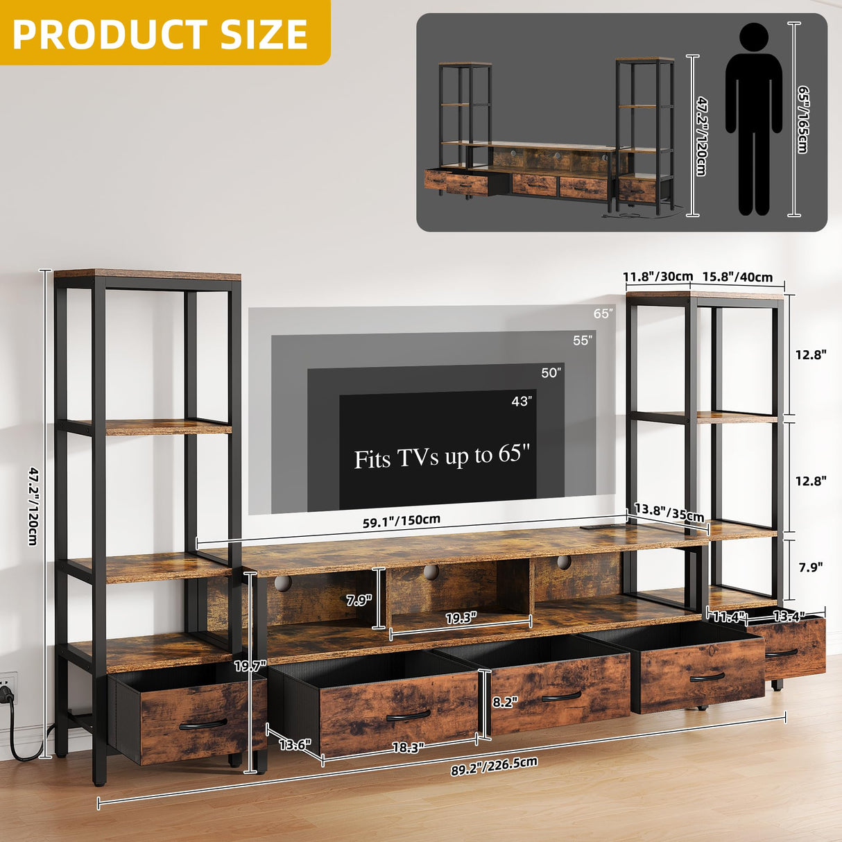 DWVO Entertainment Center with Bookshelves, LED TV Stand for 65/60 inch TV, Retro TV Stand for Living Room with 2 Industrial 4-Tier Bookshelves & Power Outlets,Rustic Brown DWVO