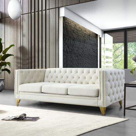 80.5-Inch Velvet 3 Seater Sofa Couch, Comfy Couches for Living Room, Modern Sofa with Tufted Back and Rivet Decoration, Upholstered Long Couch with Solid Golden Metal Tapered Legs, Beige KINFFICT