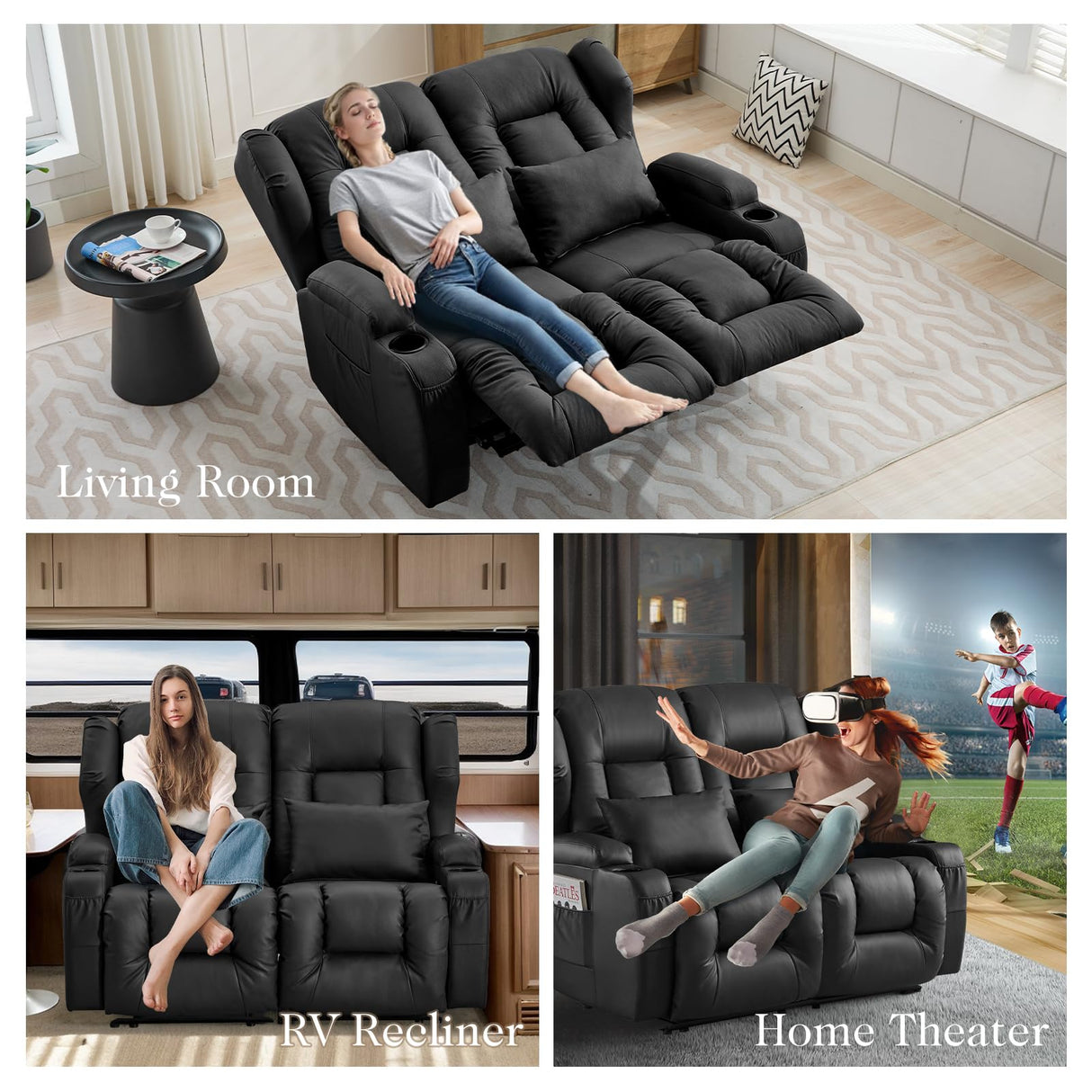 Loveseat Recliner Sofa,RV Couch 6'' Wall Hugger Recliners for Small Spaces,Faux Leather Reclining Loveseat Sofa Recliner with Cup Holders/Lumbar Pillows,RV Furniture (Black, Loveseat) Generic