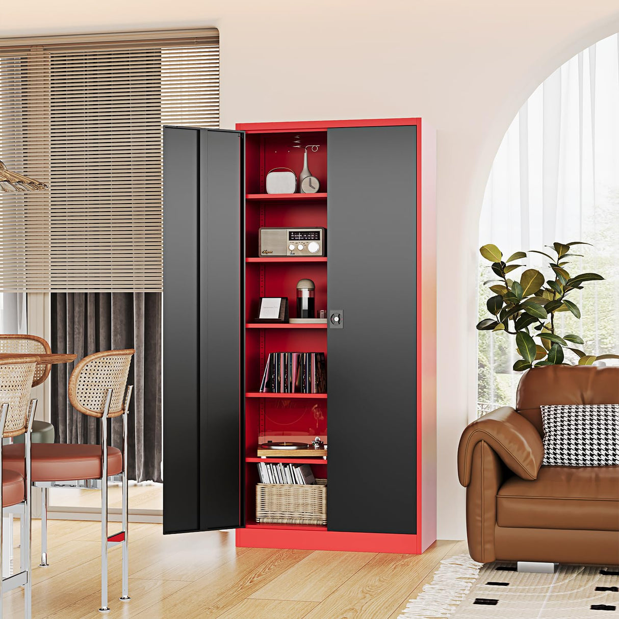 Fesbos Metal Storage Cabinet-72” Tall Steel File Cabinets with Lockable Doors and Adjustable Shelves-Black&Red Steel Storage Cabinet for Kitchen, Office, Garage Fesbos