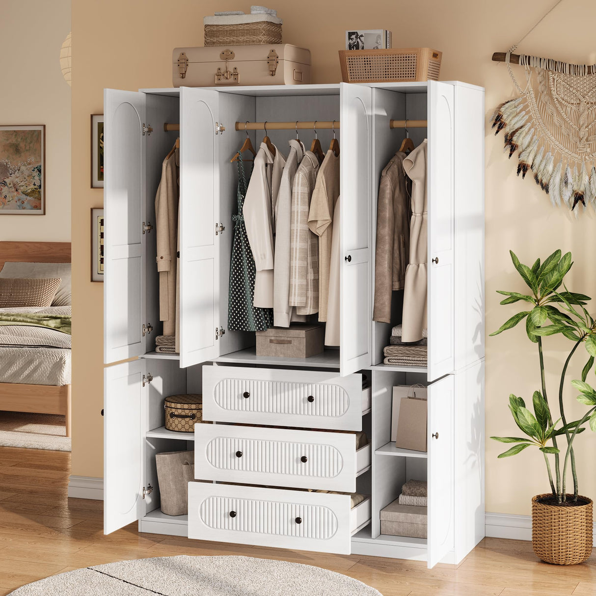 TOKSOM 4 Doors Freestanding Armoire Wardrobe Closet, 72" White Bedroom Wooden Closet Large Capacity Storage Armoire with 3 Drawerse and 3 Hanging Rod Shelves Clothes Organizer TOKSOM