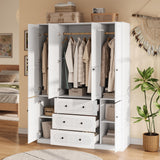 TOKSOM 4 Doors Freestanding Armoire Wardrobe Closet, 72" White Bedroom Wooden Closet Large Capacity Storage Armoire with 3 Drawerse and 3 Hanging Rod Shelves Clothes Organizer TOKSOM