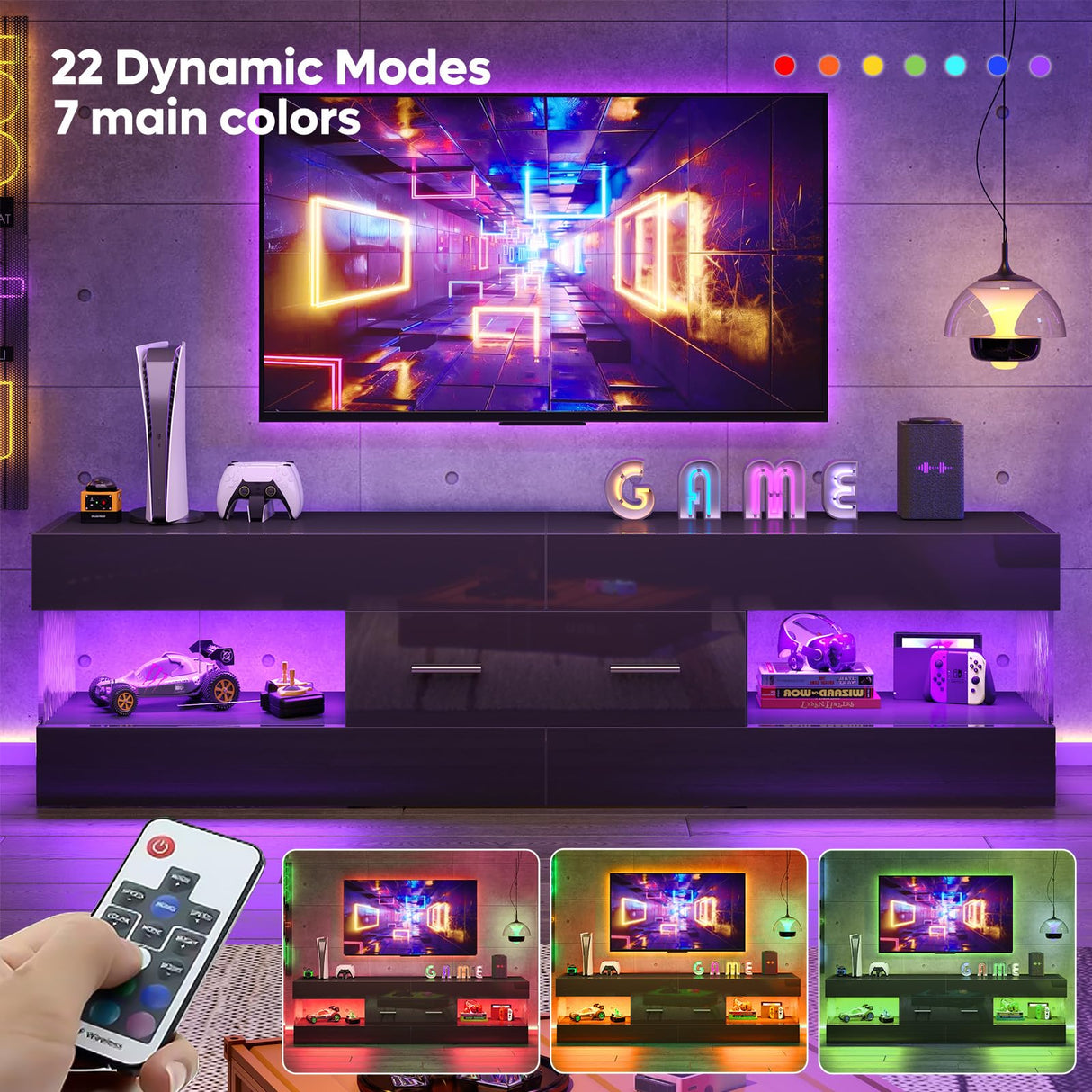 Bestier Black TV Stand for 55/60/65 Inch TV, High Gloss Modern TV Stand with Stone-Patterned Side Panels, LED Entertainment Center with Large Drawer, TV Consoles for Living Room, Bedroom Bestier