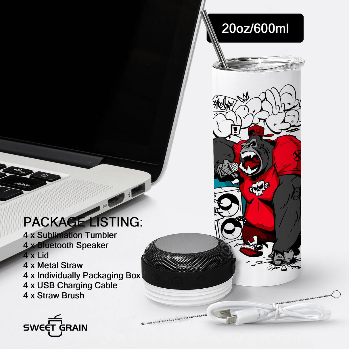 sweet grain Sublimation Speaker Tumblers 20 oz(4Pack) - Music Speaker Tumblers with Lids and Straws, Skinny Straight Sublimation Tumblers with Speaker & USB Charging Cables for DIY Gift - Black sweet grain