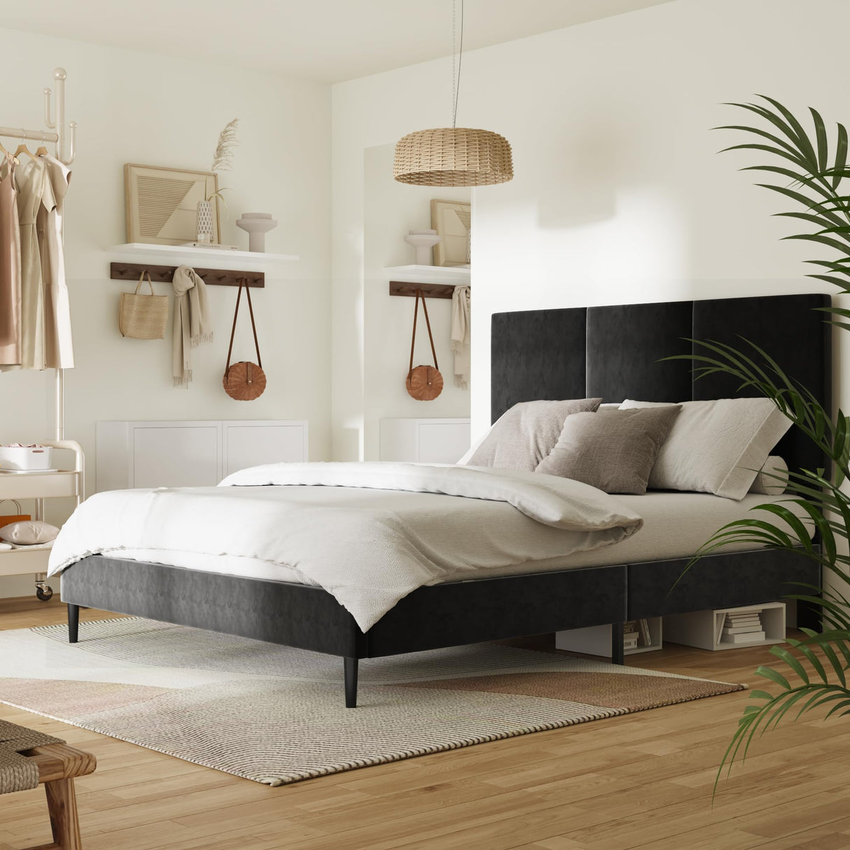 IOILORI Full Size Bed Frame with Headboard, Vertical Channel Tufted Heavy Duty Full Size Bed Frame, No Box Spring Needed, Easy Assembly, Metal Platform Bed Frame, Black IOILORI