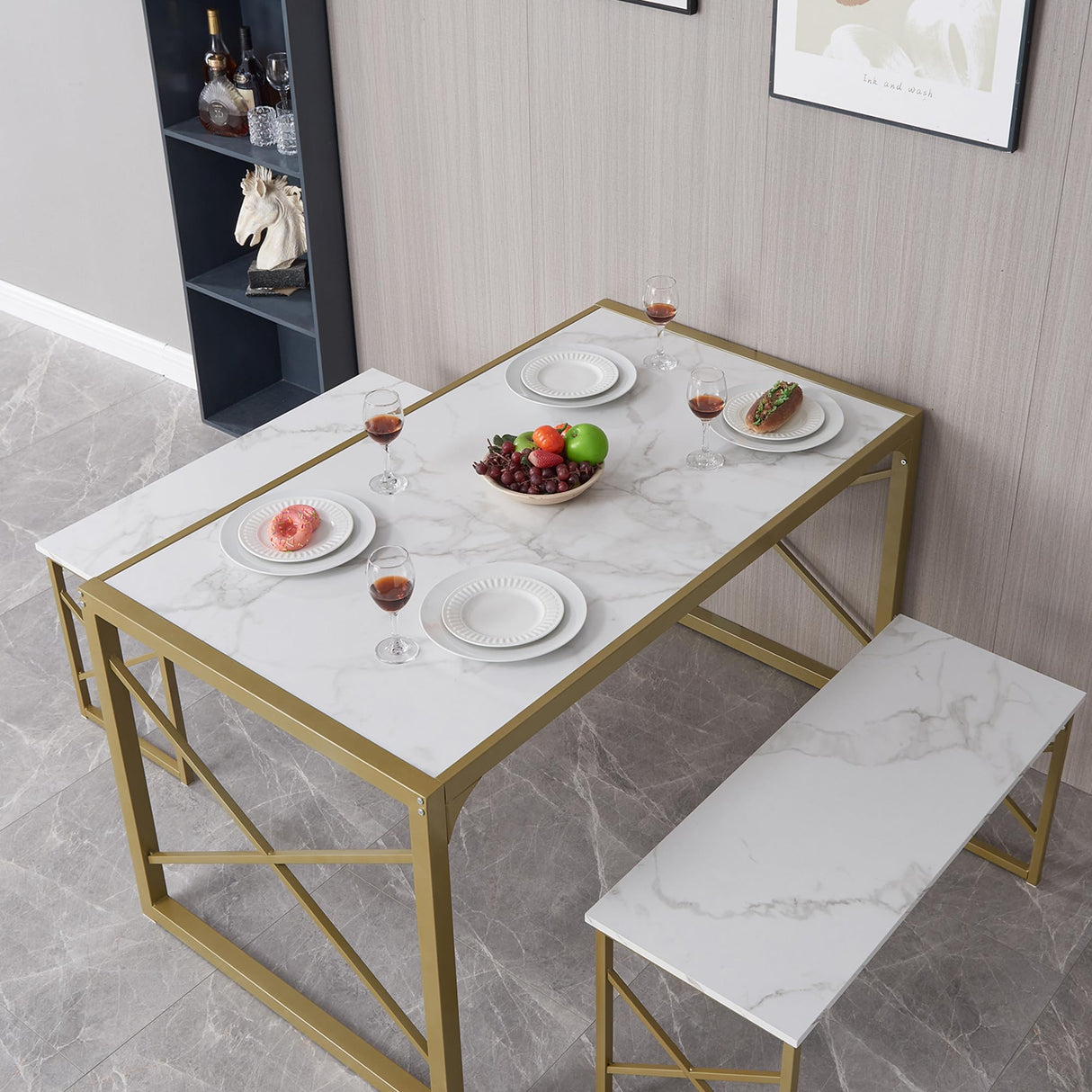 VECELO Kitchen Table with 2 Benches for 6,Wood Dining Room Dinette Sets with Metal Frame for Breakfast Nook and Small Space, 55", White&Gold VECELO