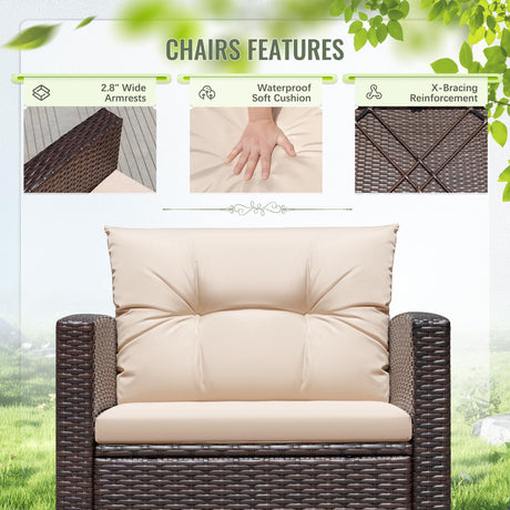 Greesum 3 Pieces Patio Furniture Sets Outdoor PE Rattan Wicker Chairs with Soft Cushion and Glass Coffee Table for Garden Backyard Porch Poolside, Beige Greesum