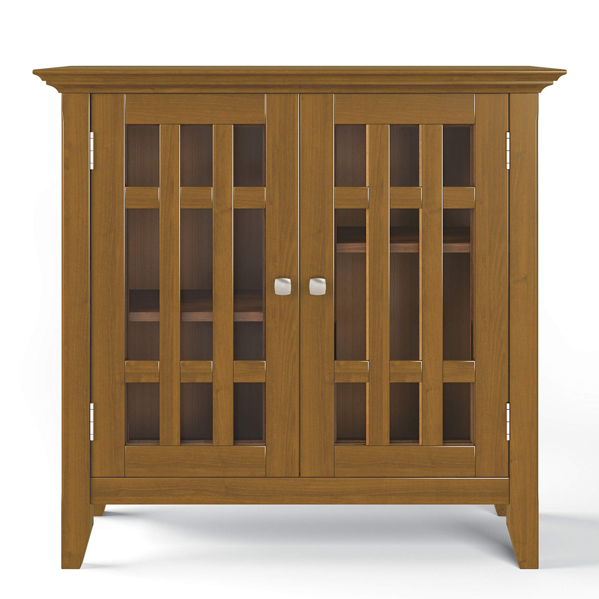 SIMPLIHOME Bedford SOLID WOOD 32 inch Wide Transitional Low Storage Media Cabinet in Light Golden Brown, with 2 Tempered Glass Doors, 2 Adjustable Shelves SIMPLIHOME