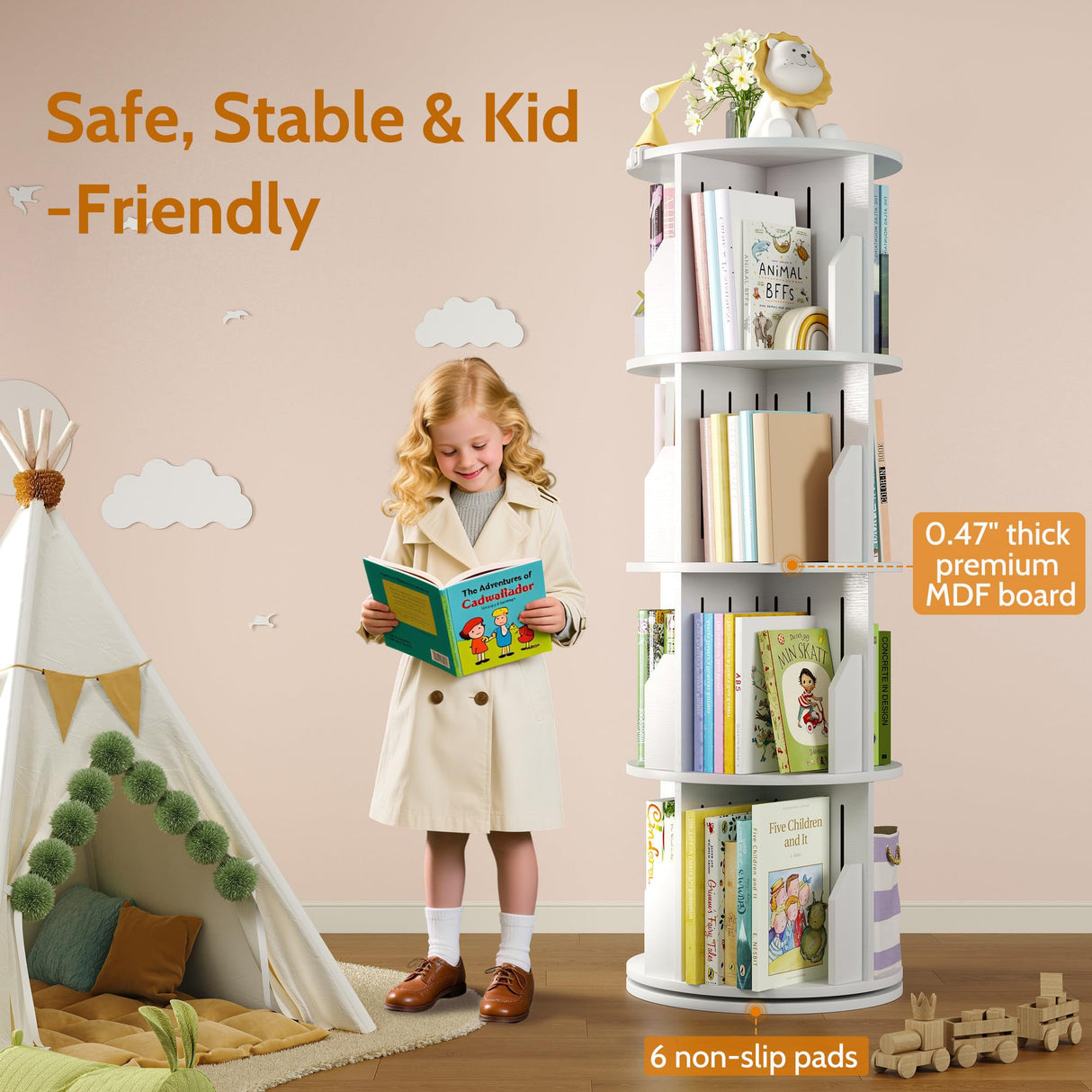 Rotating Bookshelf Tower, 4 Tier Corner Narrow Spinning Bookcase, 360° Revolving Storage Round Book Shelf, Vertical Swivel Lazy Susan Organizer for Kids Rooms Classroom Library Small Space Decor Vividwood