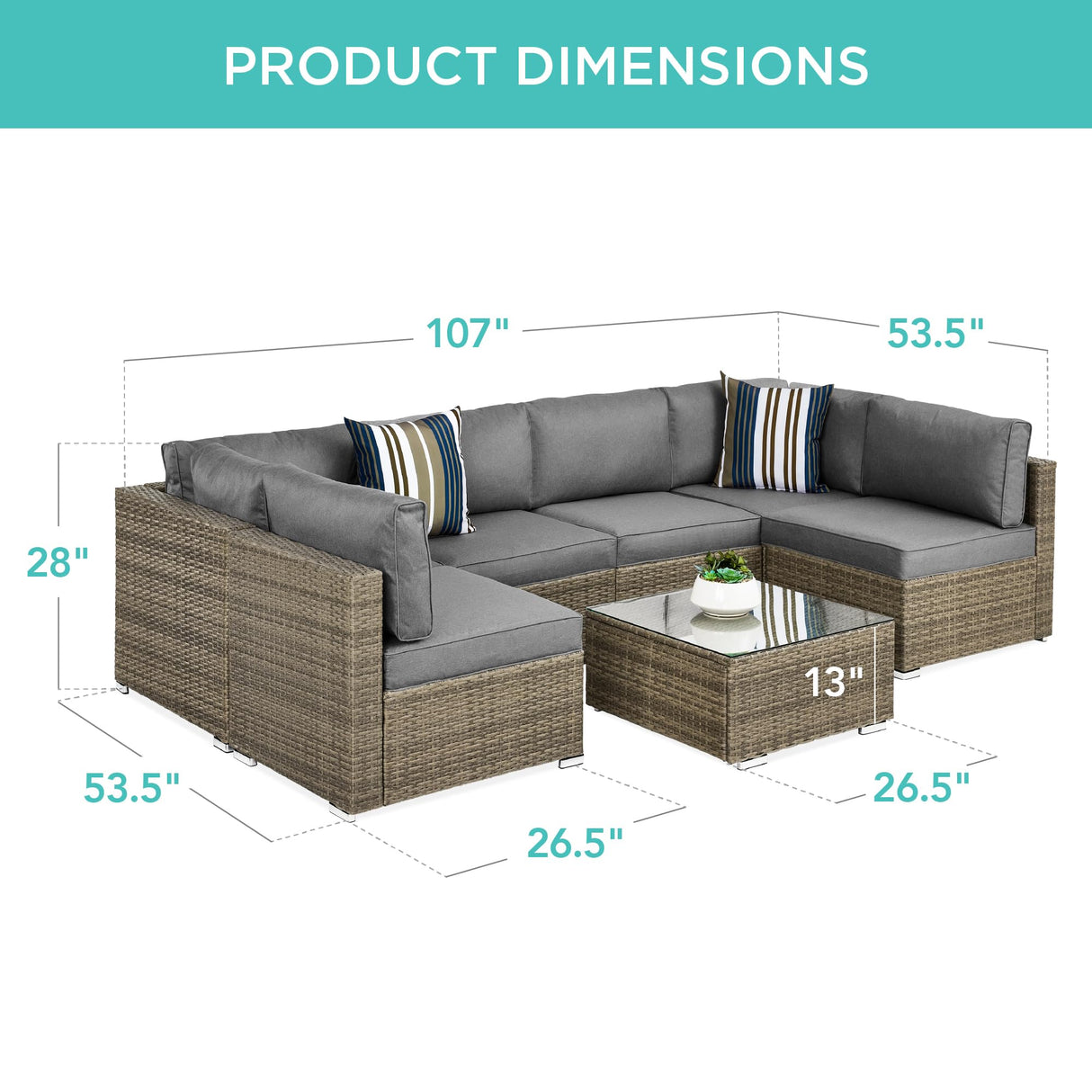 Best Choice Products 7-Piece Modular Outdoor Sectional Wicker Patio Conversation Set w/ 2 Pillows, Coffee Table, Cover Included - Taupe/Cement Gray Best Choice Products