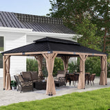 FAB BASED 12x20FT Hardtop Wood Gazebo, Natural Solid Cedar Frame Gazebo with 2-Tier Vented Roof, Outdoor Metal Canopy Pavilion with Netting & Curtains for Deck, Garden, Backyard, Lawn (Khaki) FAB BASED