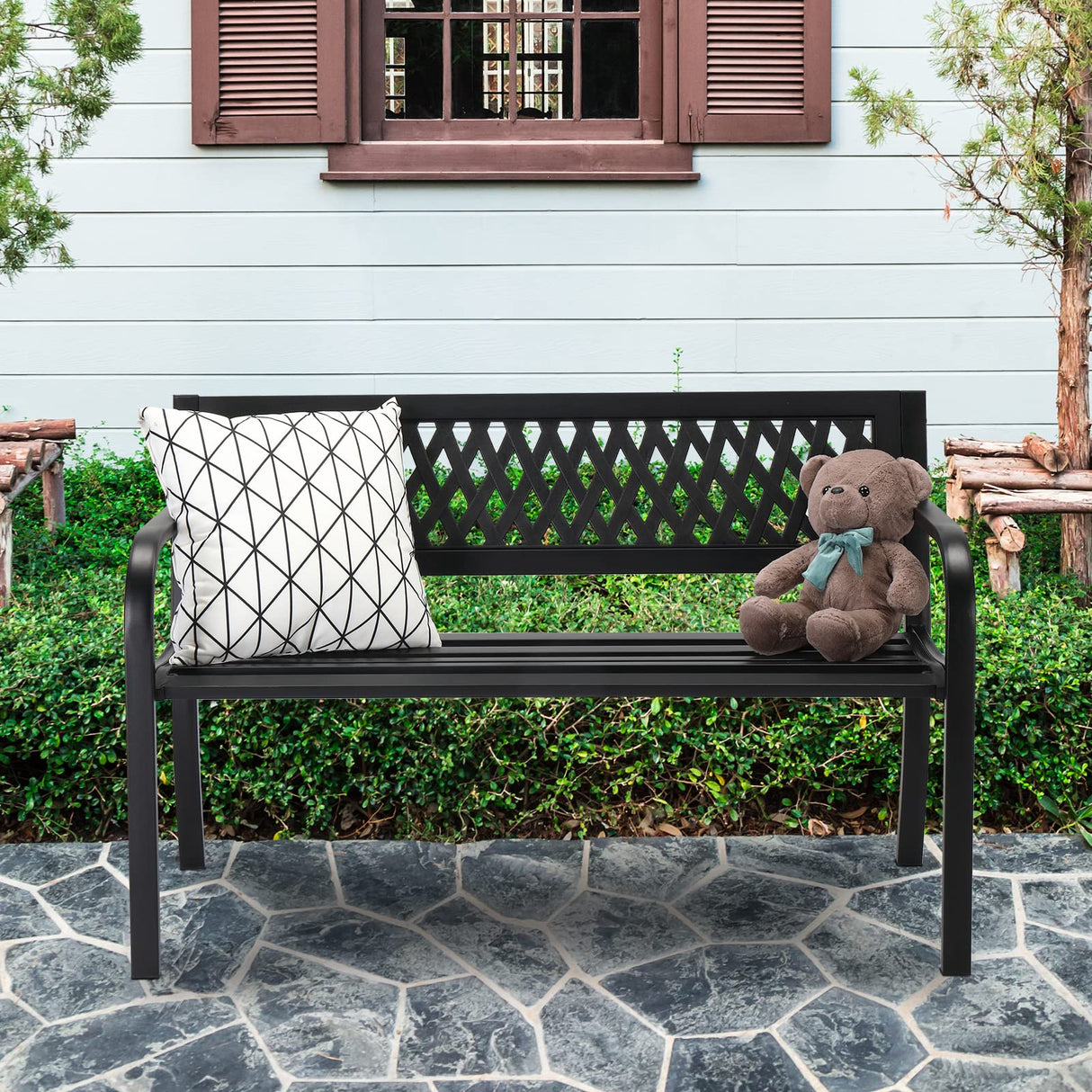 VINGLI Outdoor Bench Porch Bench Patio Metal Garden Bench w/PVC Back, Steel Black Outdoor Bench Park Bench for Yard Lawn Decor Deck Entryway VINGLI