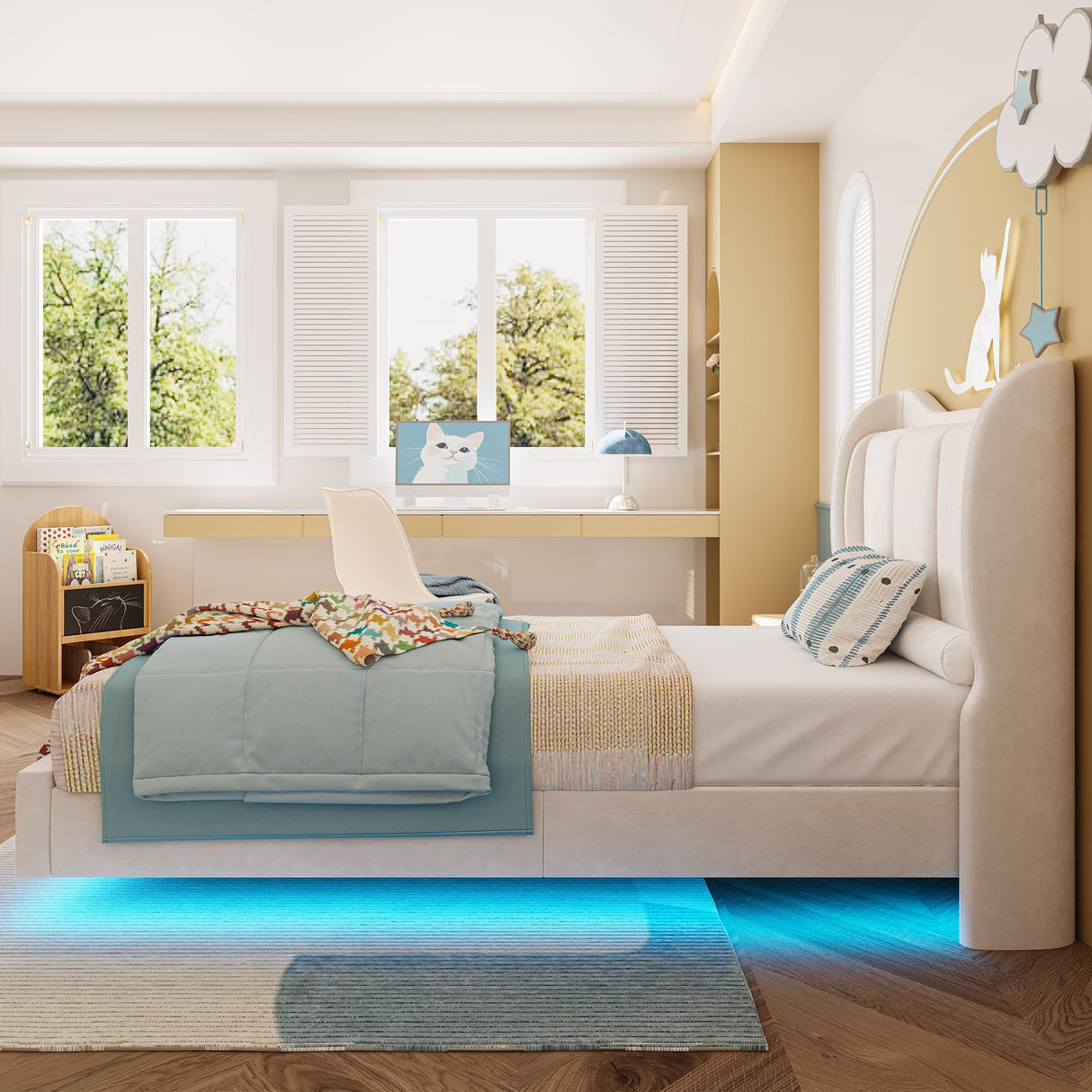 LIKIMIO Twin Bed Frame with Headboard, Velvet Upholstered Platform Bed with LED Light, Solid Wood Slats Support, No Box Spring Needed, Cream LIKIMIO