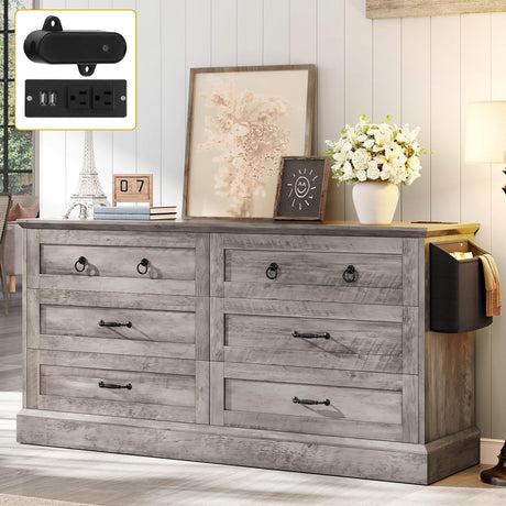 DWVO Farmhouse 6 Drawers Dresser, 59" Wide Wood Rustic Chest of Drawers with Nice Texture, Vintage Design, Storage Dressers Organizer for Living Room, Hallway, Grey DWVO