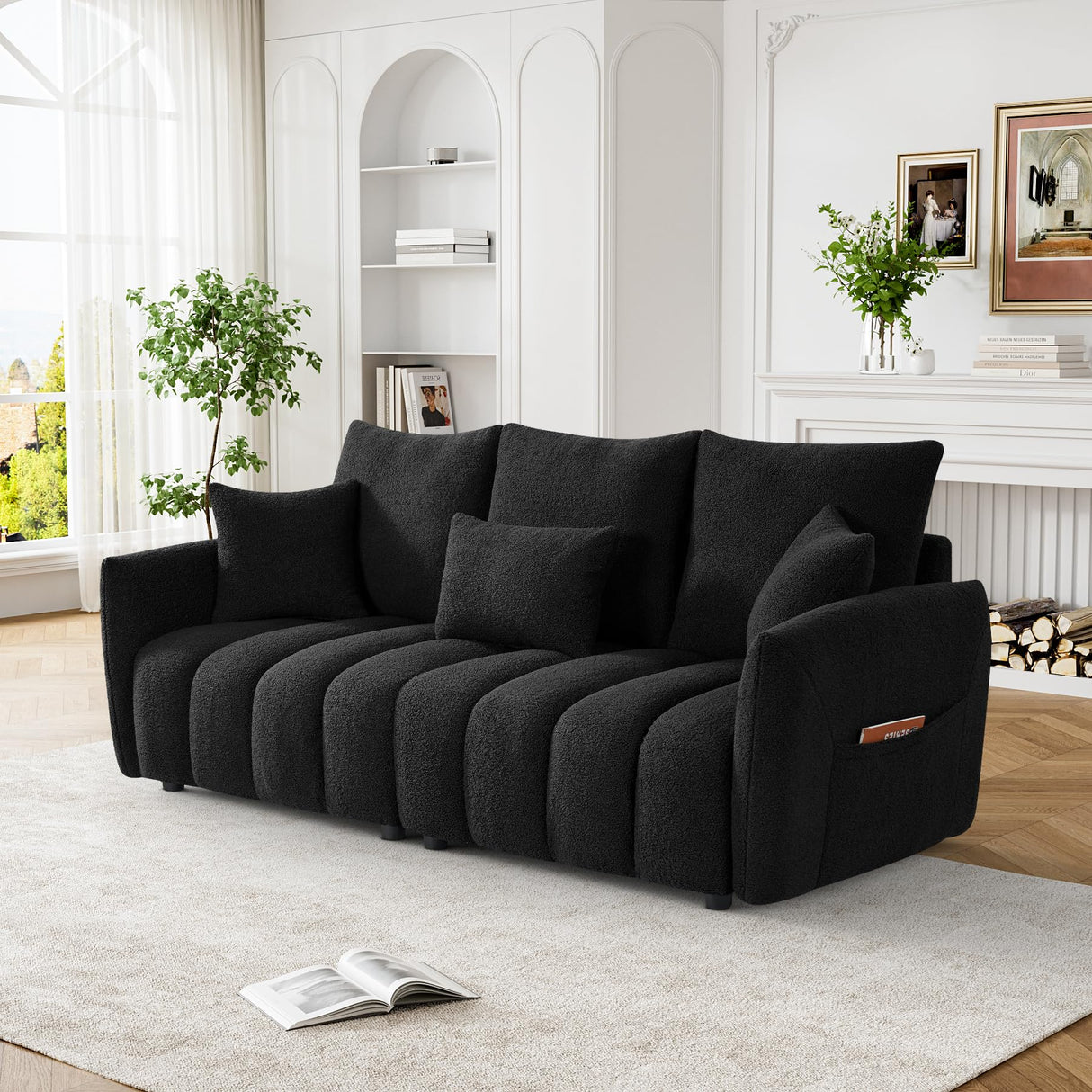 Wrofly Teddy Cloud Sofa Couch, Modern Deep Seat Boucle Sofa, 80.2" Comfy Upholstered Sherpa 3 Seater Couch with 3 Pillows, Oversized Loveseat for Living Room Apartment Office, Black Wrofly