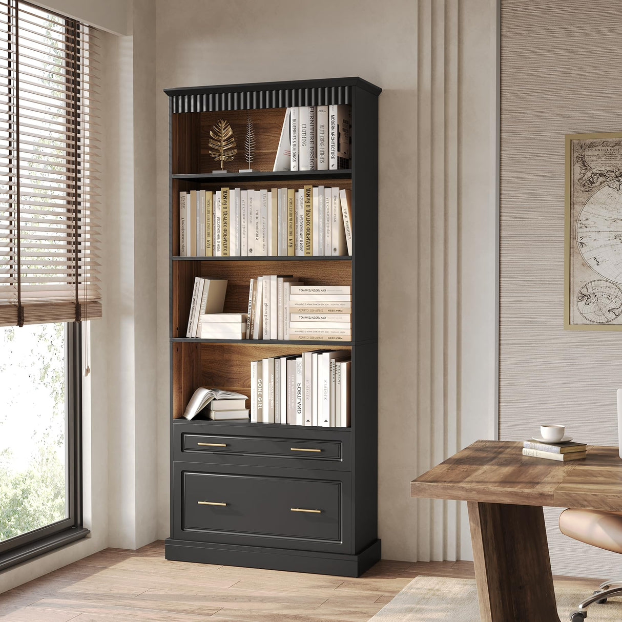 LITTLE TREE 72" Tall Black Bookcase, 5-Tier Office Bookself with File Cabinet Drawers,Modern Floor Standing Storage Filing Cabinet Book Shelf for Living Room,Bedroom LITTLE TREE