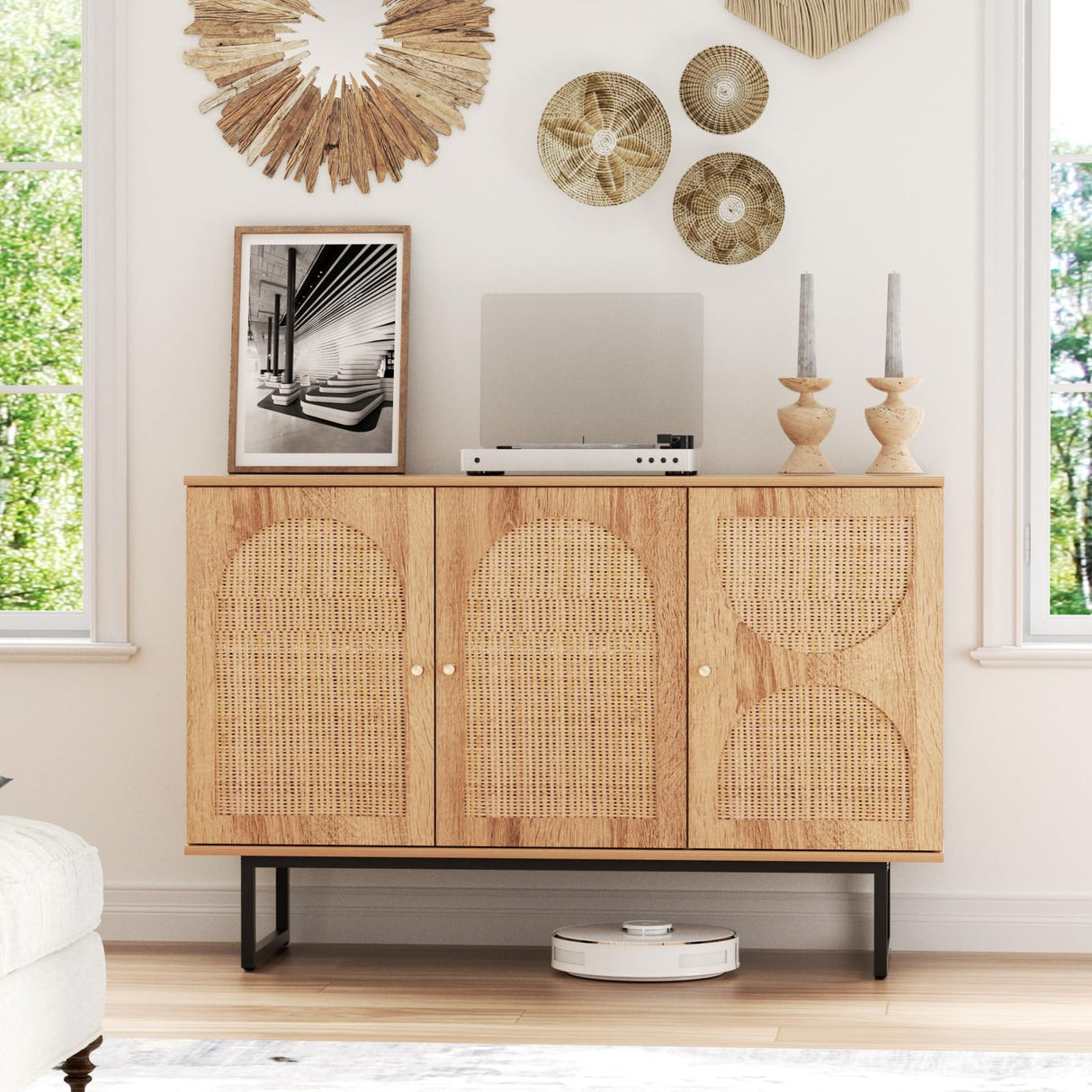 Rattan Sideboard Buffet Cabinet with Storage, Boho Farmhouse Wood Storage Cabinet with 3 Arched doors, Rattan Entryway Table Console Credenza TV Stand for Living Room, Dining Room, Kitchen, Hallway FiveWillowise
