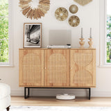 Rattan Sideboard Buffet Cabinet with Storage, Boho Farmhouse Wood Storage Cabinet with 3 Arched doors, Rattan Entryway Table Console Credenza TV Stand for Living Room, Dining Room, Kitchen, Hallway FiveWillowise