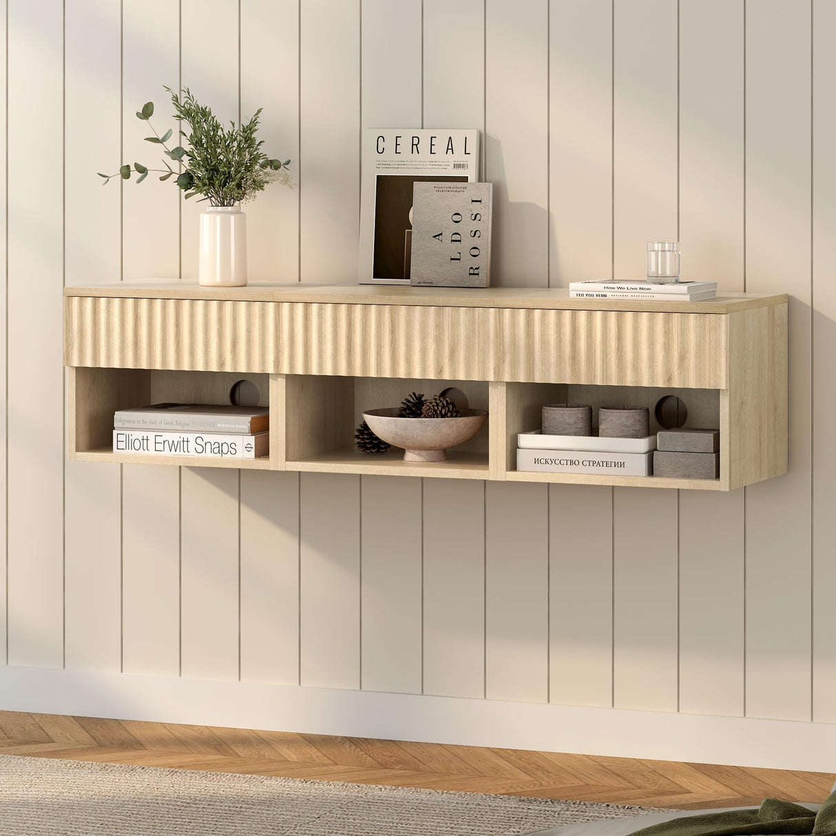 EYYTHUNG Floating Nightstand Set of 2 with Drawer, Fluted Modern Night Stand with Fluted Door and Open Storage Shelf Wall Mounted Bedside Table for Bedroom, Entryway Light Oak EYYTHUNG