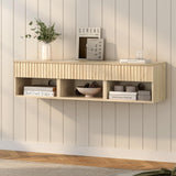 EYYTHUNG Floating Nightstand Set of 2 with Drawer, Fluted Modern Night Stand with Fluted Door and Open Storage Shelf Wall Mounted Bedside Table for Bedroom, Entryway Light Oak EYYTHUNG