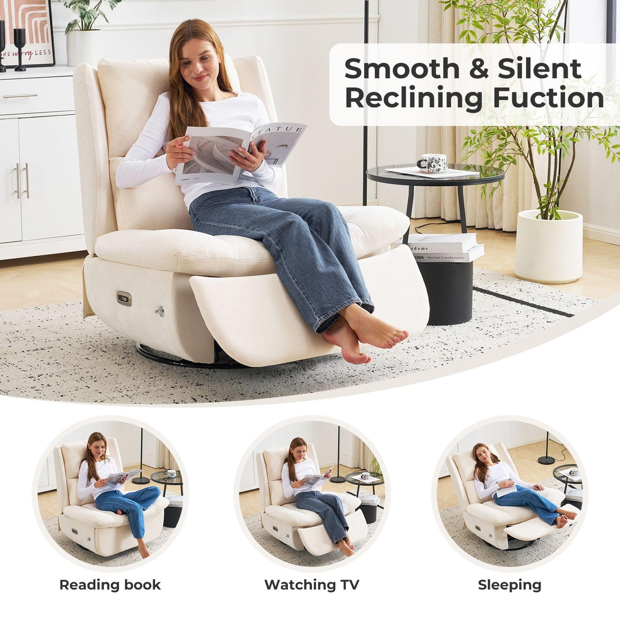 Oversized Power Recliner Chair for Adults,270°Swivel Rocker Recliner with USB Port,Electric Glider Recliner Chair with Storage,Nursery Rocking Chair with Phone Holder,Beige Rhevoy