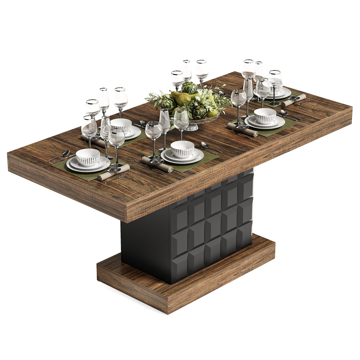 LITTLE TREE 63" Modern Dining Table, Rectangular Dinner Table for 4-6, Farmhouse Kitchen Table, Sturdy Wood Pedestal Base for Kitchen/Dining Room, Rustic Brown & Black LITTLE TREE