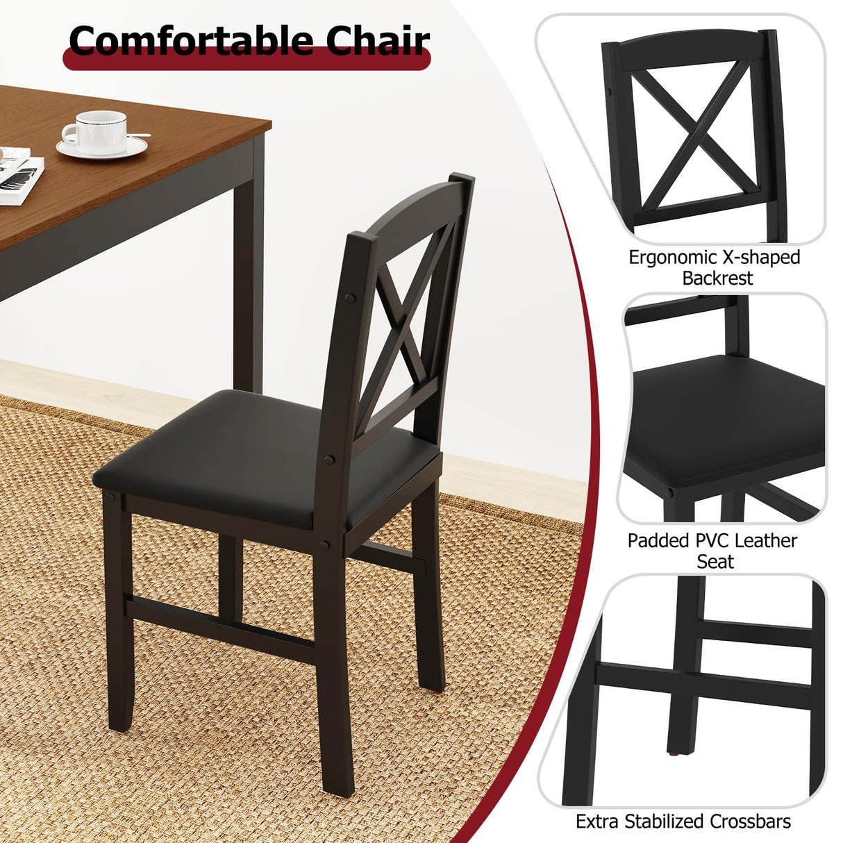 Tangkula Mid-Century Modern Dining Table Set for 2, Wooden Kitchen Table & 2 Chairs with Padded Seats, 3-Piece Compact Dining Set for Small Spaces, Kitchen, Living Room (Brown+Black) Tangkula