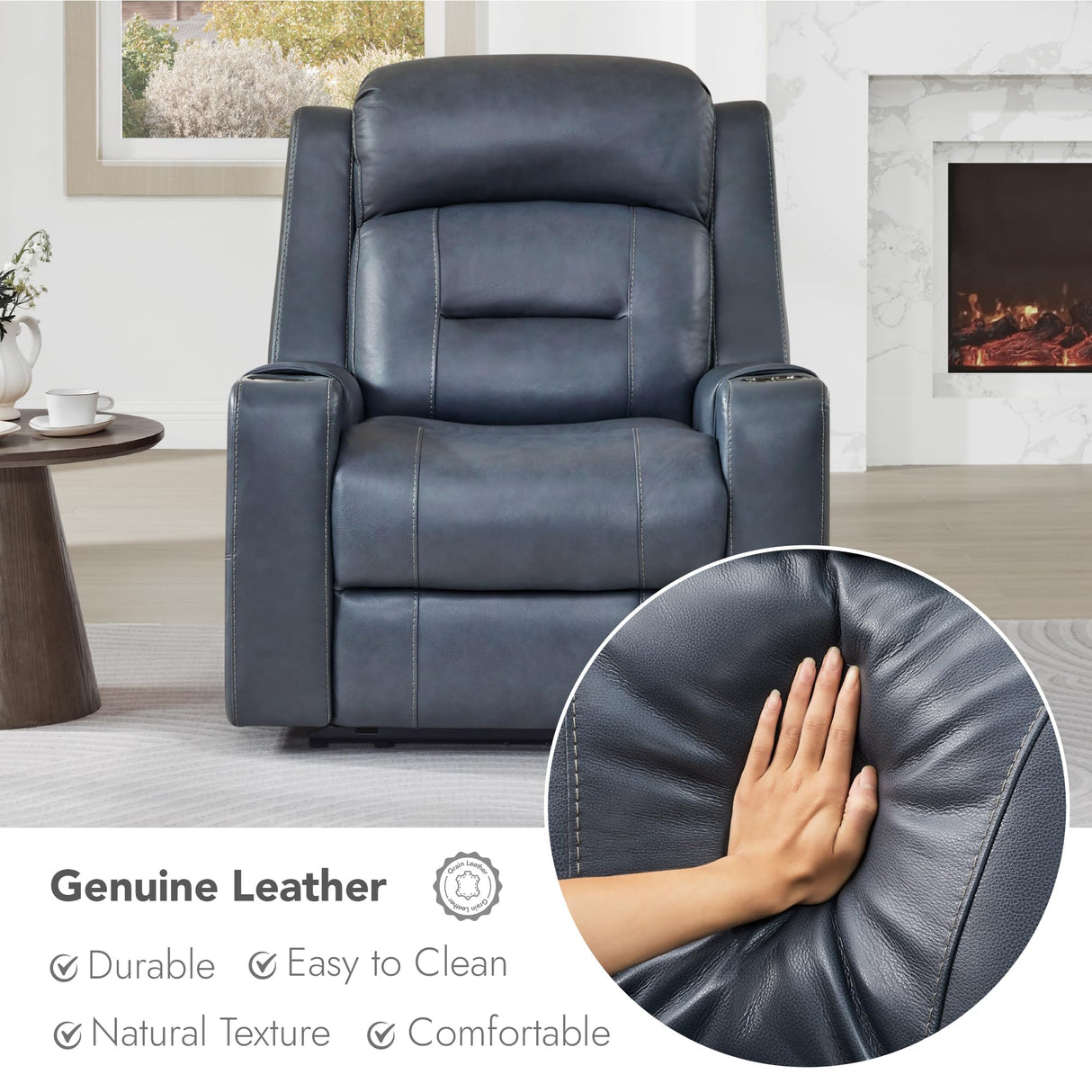 Watson & Whitely Genuine Leather Power Recliner Chairs for Adults, Lay Flat Recliner with Power Headrest, USB Ports and Cup Holders, Electric Reclining Sofa for Living Room, Bedroom, Navy Watson & Whitely