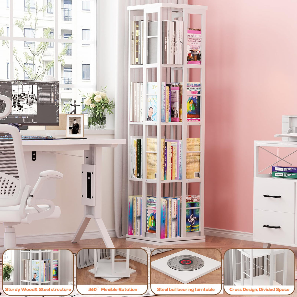 Aheaplus 360° Rotating Corner Bookshelf - Space-Saving Wood Bookcase for Small Spaces, White Aheaplus