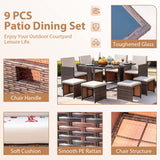 Homall 9 Pieces Dining Outdoor Furniture Patio Wicker Rattan Chairs and Tempered Glass Table Sectional Conversation Set Cushioned with Ottoman (Brown) Homall