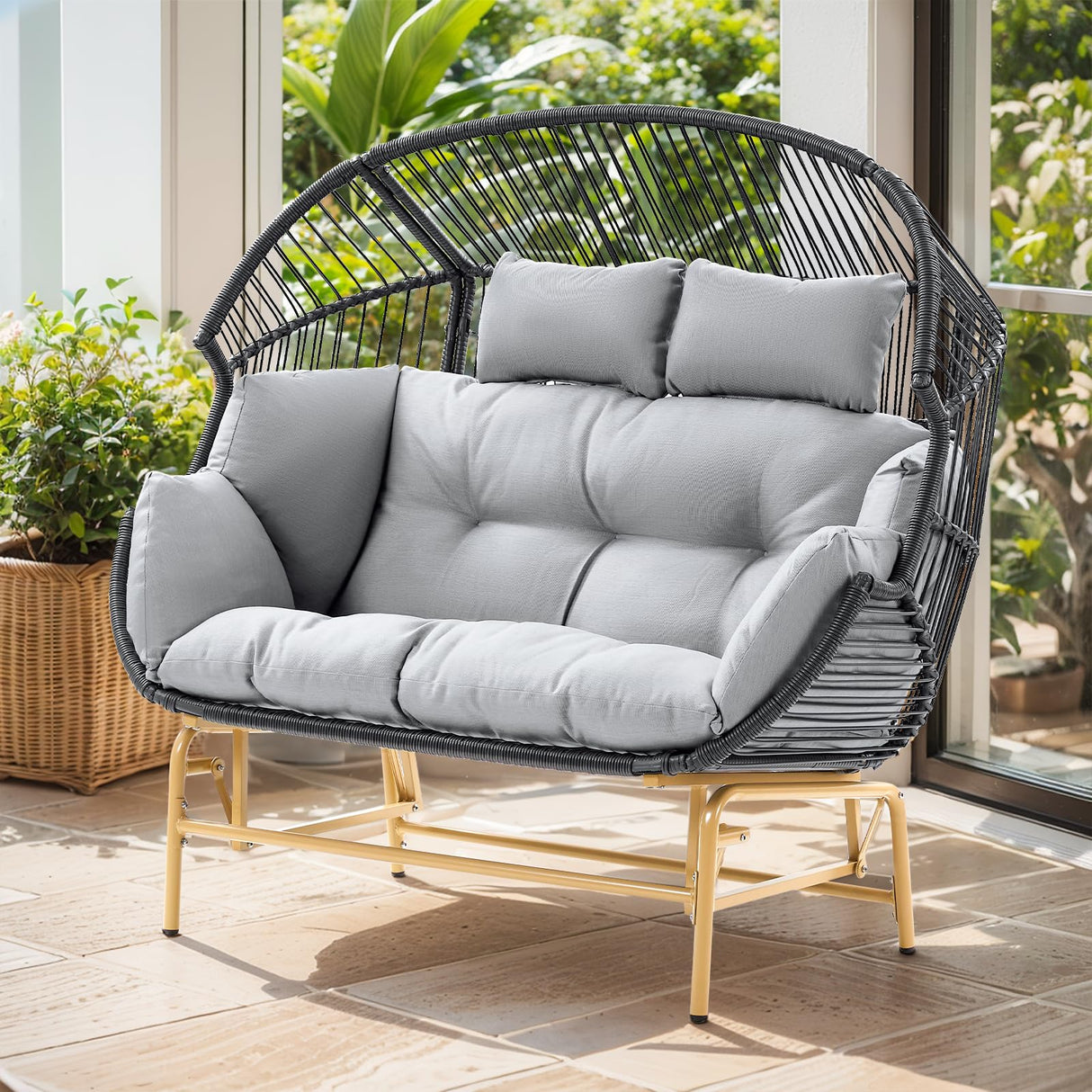 Belord Double Egg Chair Outdoor Glider Loveseat, 550LBS Weight Capacity Wicker Patio Rocking Egg Chairs, Handwoven Rattan Porch Furniture Glider Loveseat for Patio Deck Balcony Sunroom Belord