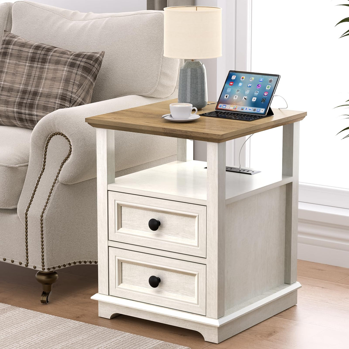 REDAYFUR End Table with Fast USB C Charging Station, 24” Tall Sofa Side Table with 2 Drawers, Large Storage Rustic Wood Square Storage Cabinet for Living Room,Bedroom,Office, White REDAYFUR