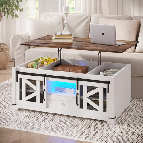 Farmhouse Coffee Table, Lift Top Coffee Table with Storage, Rustic Coffee Tables with Sliding Groove Barn Door, Cocktail Table with Led Lighting, Multi-Function Sofa Tables Vabches