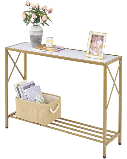 Tajsoon Entryway Table, 2-Tier Entry Way Console Entrance Table, 41.7”L Narrow Sofa Table with Shelves, Ideal for Hallway, Entryway, Living Room, Foyer, Corridor, and Office (Gold & White) - WoodArtSupply