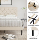 VECELO Queen Bed Frame with Button Tufted Headboard, Upholstered Platform with Wooden Slat Support, No Box Spring Needed, Cream Beige VECELO